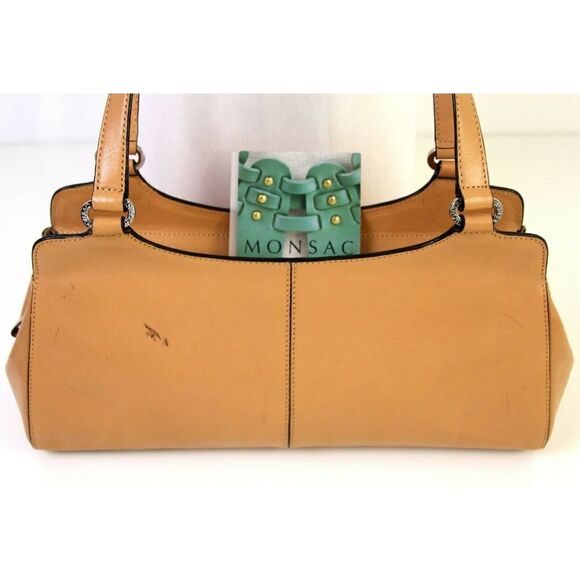 Monsac Original BEIGE GENUINE LEATHER CLASSIC ZIP SATCHEL TOTE BAG HANDBAG PURSE - Picture 5 of 12